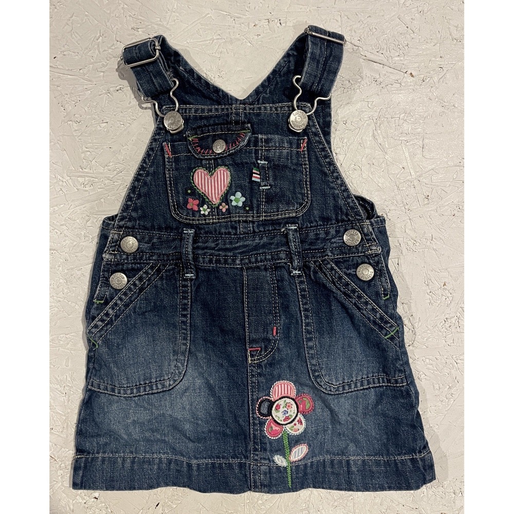 VINTAGE BABY GAP Girls Y2K Embroidered Denim Overalls 6–12M Floral Cottagecore